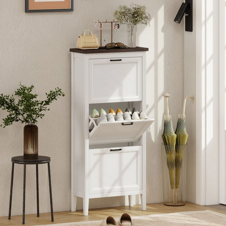 Wohnora-Schuhschrank für 18 Paar Schuhe, schmaler Schuhschrank mit 3 Klappschubladen und verstellbaren Einlegeböden, weiß,H 1337cm x T 600cm x B 265cm,MDF – Bild 2