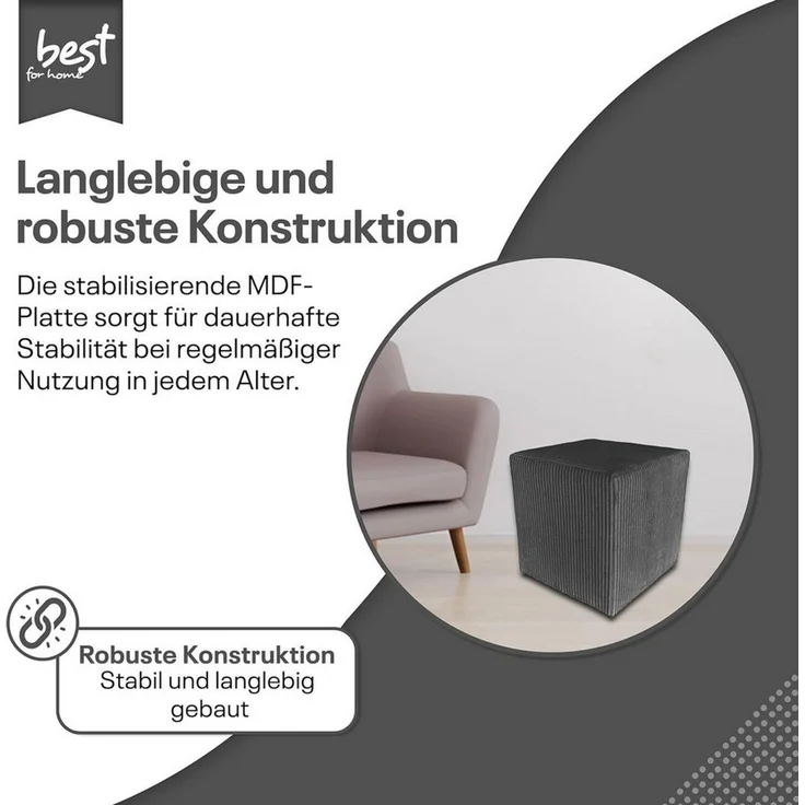 Best for Home Sitzwürfel Pouf Hocker – Samt, Fußhocker & Sitzpuff (Sitzwürfel / Pouf Hocker, 1 St, 1x Sitzwürfel / Pouf Hocker), multifunktional, Dekoelement, kompakt, weich gepolstert – Bild 3