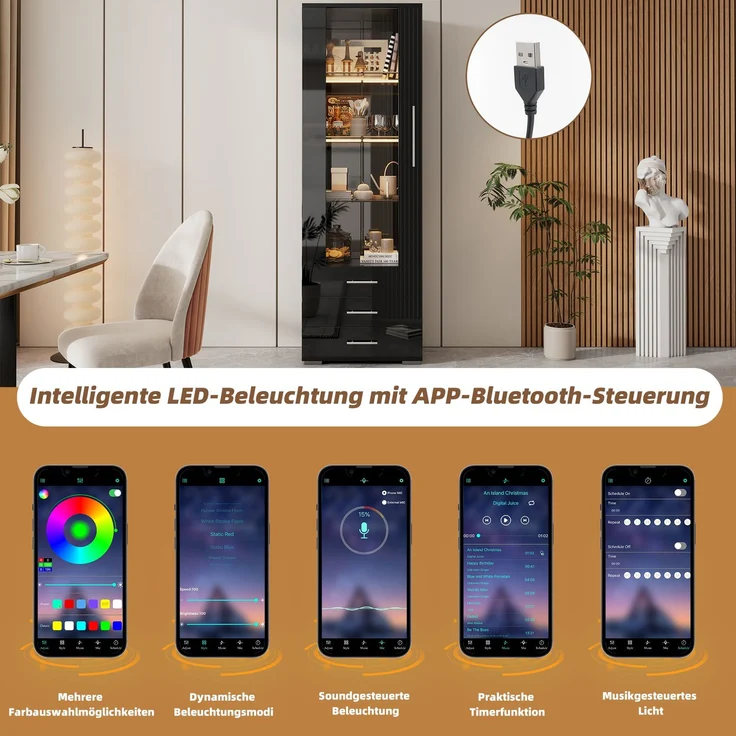 Schwarz Hochglanzvitrine, Vitrine Glasvitrine , Standvitrine mit LED-Beleuchtung, Vertikale Vitrine mit 3 Schubladen, 60*35*180cm--Schwarz--60x35x180cm--YOUDENOVA – Bild 6