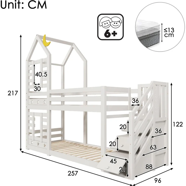 Etagenbett 90x200 cm mit Treppe und Stauraum, Sterne & Monde Design, Hausrahmen, Kiefer-Massivholz, Weiß, Kinderbett – Bild 7
