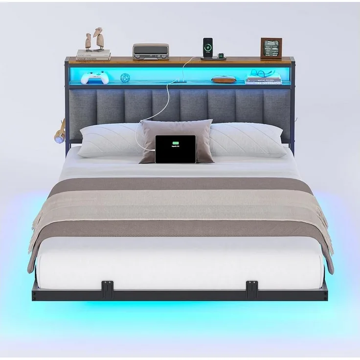 MSMASK Polsterbett mit Ladestation und LED-Beleuchtung, Dunkelgrau, 140x210cm, ohne Matratze