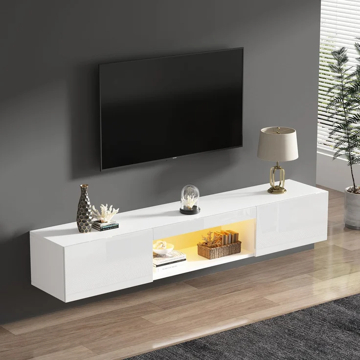 Hängeschrank für Wohnzimmer mit LED-Beleuchtung, Bluetooth-App steuerbar, Musikmodus, Stauraum mit offenes Fach und Türen – Bild 3