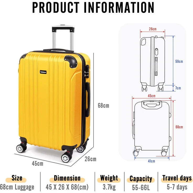 Todeco Mittelgroßer Koffer Trolley 68cm, Zwillingsrollen Reisekoffer Koffer Trolleys, 4 Rollen Leicht Hartschale aus ABS Aufgabegepäck, 68x45x26cm, 66 Liter, Zitronengelb – Bild 5