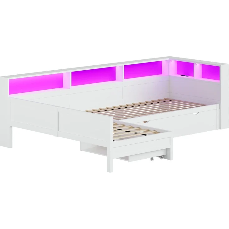 Bett mit LED-Streifen, 3 Schlafgelegenheiten, Regal, Schubladen und Gästebett, 90x200 cm, Holzbett, Jugendbett mit 2 Lattenrosten, L-Form – Bild 7