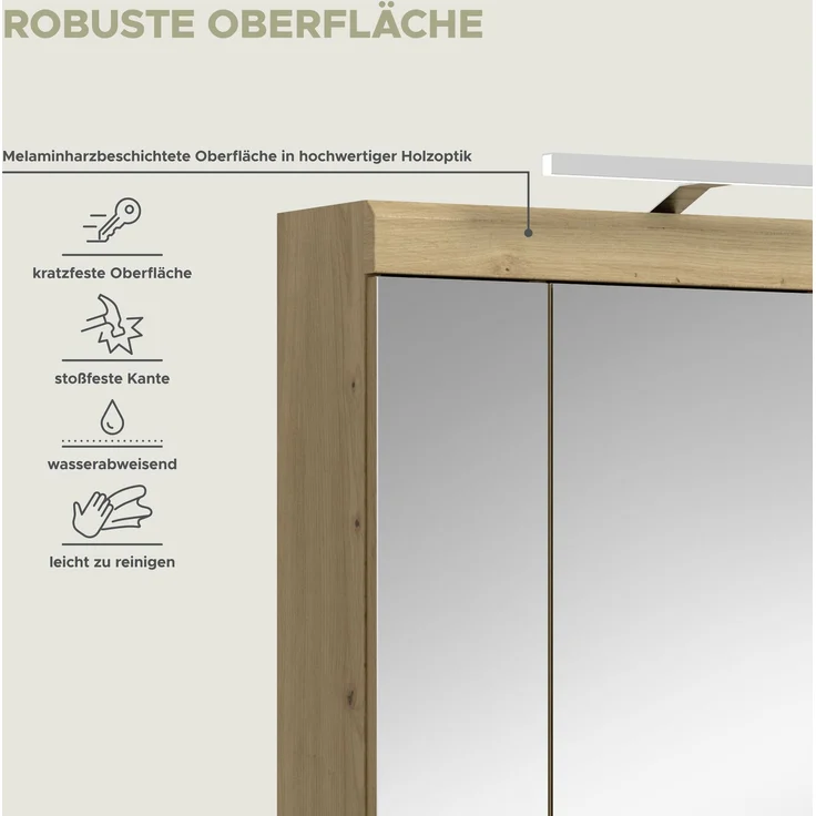 Xonox Scout Spiegelschrank inkl. Beleuchtung (B/H/T: 60x79x18 cm) in Salbei und Artisan Eiche Nachbildung – Bild 9