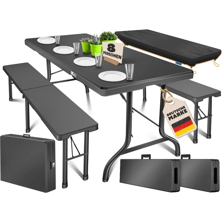 KESSER® Bierzeltgarnitur 3-teilig Set Tisch & 2x Bank | Buffettisch für drinnen & draußen Gartengarnitur klappbar 183x76x74cm Kunststoff Klapptisch Gartentisch inkl. Abdeckung & Tragegriffe Anthrazit, Glatt