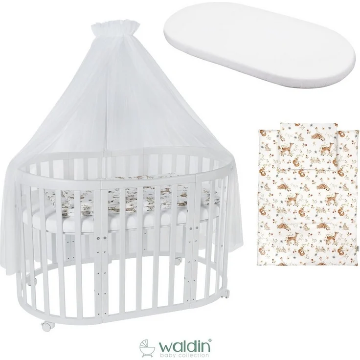 Waldin Oval Baby-Bett Mitwachsend Komplett Set 7in1, Gitterbett, Kinderbett mit Matratze, Wickelkommode, Beistellbett, Holz Weiß, Stoffe Weiß Tiere – Bild 2
