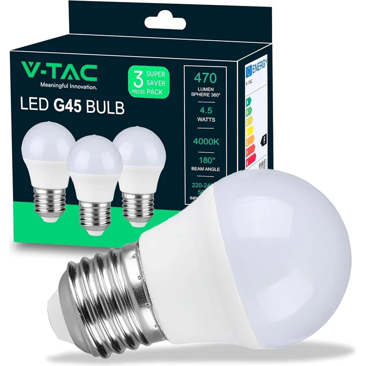 V-TAC 3x LED Glühbirne E27 G45-4,5W (entspricht 40W) - 3er Pack - 470 Lumen - LED Glühlampen - Energiesparlampe - Licht 4000K Neutralweiß – Bild 1