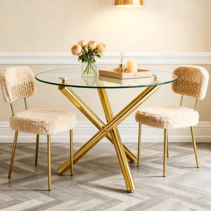 Runder Esstisch 80 x 80 x 76 cm mit Glasplatte, Metallgestell in Gold, modern und platzsparend – Bild 3