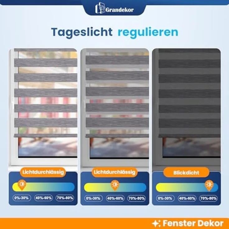 Grandekor Doppelrollo Klemmfix ohne Bohren Marmor Grau 50x150 cm(Stoffbreite 46cm) Fenster Rollos für innen Klemmrollos Duo Rollos für Fenster ohne Bohren mit Bohren Privatschutz UV-Schutz Zebrarollo – Bild 6