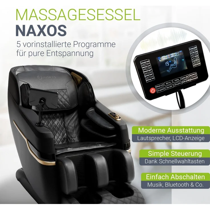 Juskys Massagesessel Naxos, mit LCD-Bedienfeld, Bluetooth, Airbags, Heizung, Rollenmassage, USB & Fußverlängerung, Fix-Point-Technologie - Schwarz – Bild 2