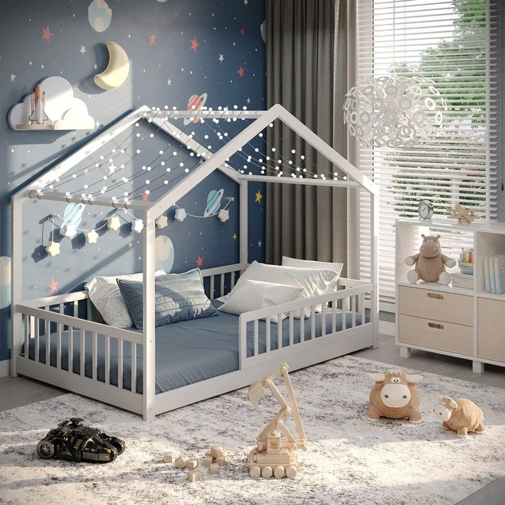 CADANI Kinderbett Malte Bodenbett Hausbett weiß (Rausfallschutz abnehmbar), Bodenbett Hausbett mit Roll-Lattenrost – Bild 1