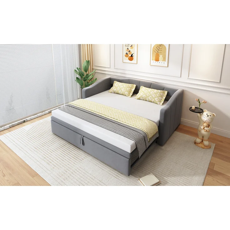Polsterbett, Ausziehbares Schlafsofa 90/180 × 200 cm mit Lattenrosten, Multifunktionsbett aus hautfreundlichem Samtstoff, Samtstoff, Grau, 90/180 × 200 cm – Bild 7