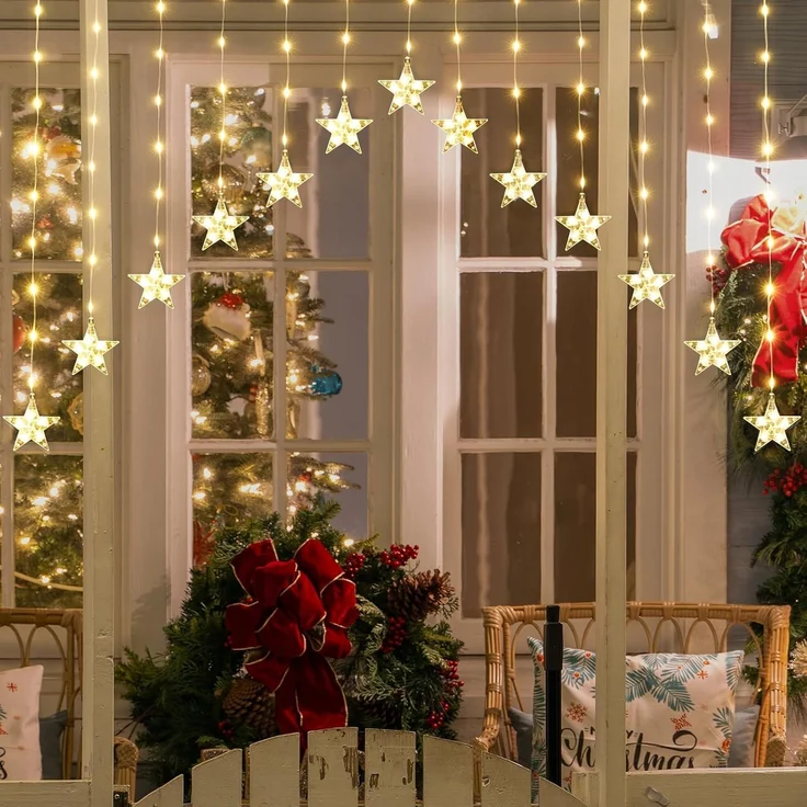 SALCAR 3m LED Sternen Lichtervorhang, 222 LED mit 16er Stern LED Lichterkette Sterne, Fenster Deko LED Stern mit timer, Weihnachtsbeleuchtung für Weihnachten Balkon Party Hochzeit - Warmweiß – Bild 2
