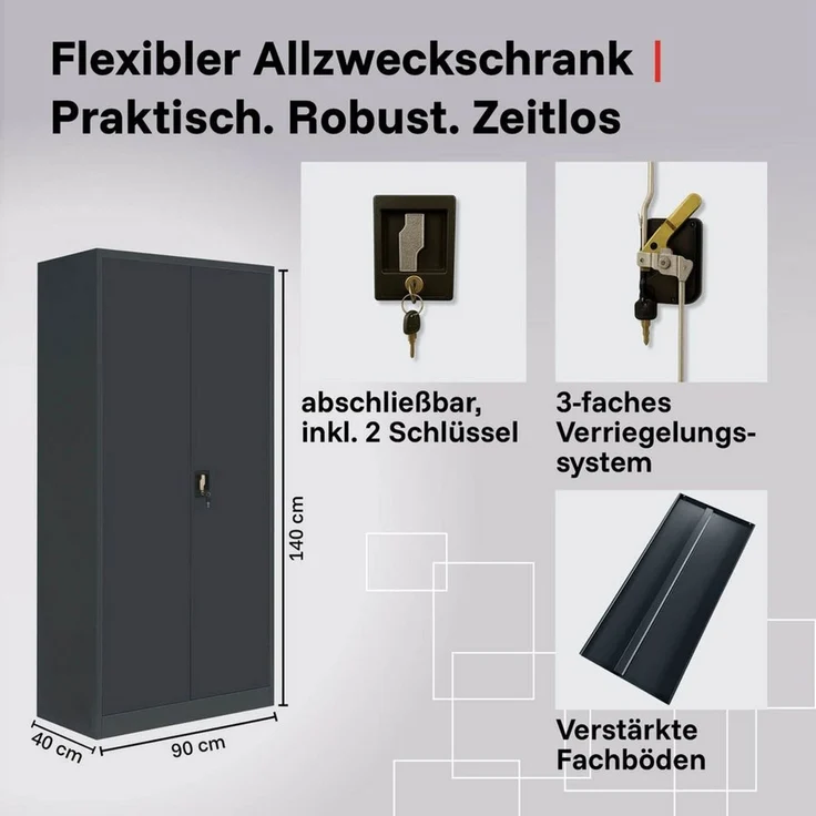 LagerZwei Aktenschrank Stahlschrank 140x90x40 cm (1-St) 3-fach verriegelt, 4 höhenverstellbare Böden, Flügeltüren 130° – Bild 3
