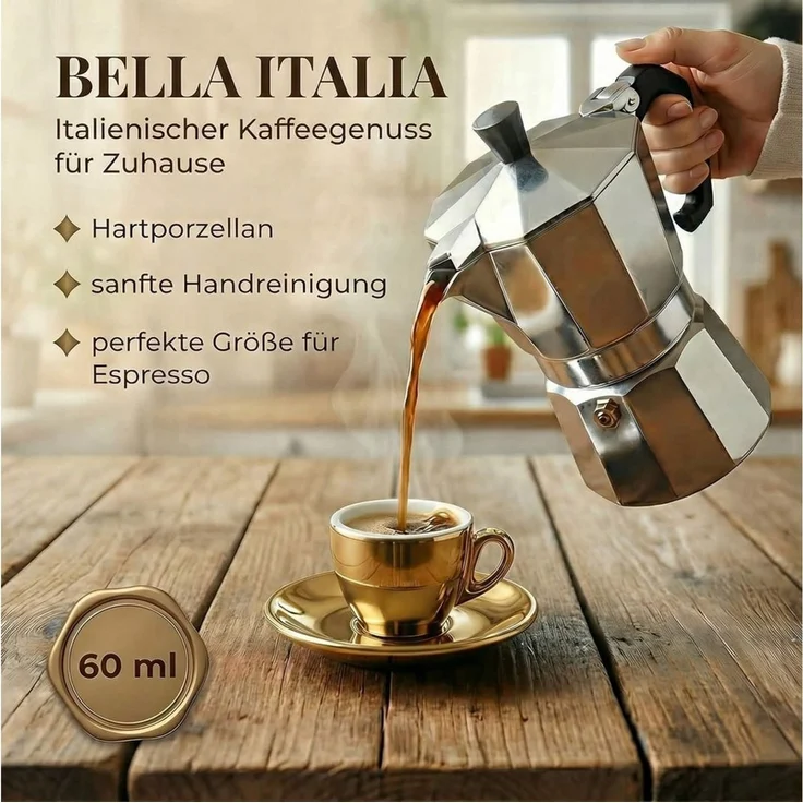 MUVELL Espressotasse 6x Espresso & Untertassen Set 0,8 cm dickwandig, goldfarben, 6-tlg, Keramik, 60 ml stoßfest und robust – Bild 4