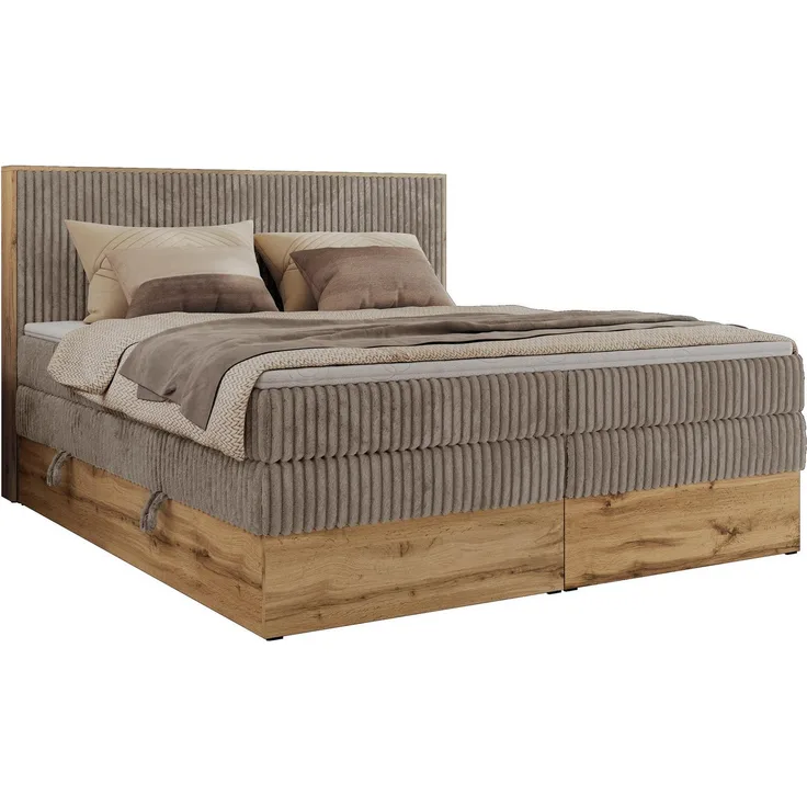 MKS MÖBEL Boxspringbett WOOD CLASSIC KING, 7-Zonen-Multipocket-Matratze, T25/Visco-Topper, hohe Kopfteilhöhe, Wotan Eiche, mit zwei Bettkästen