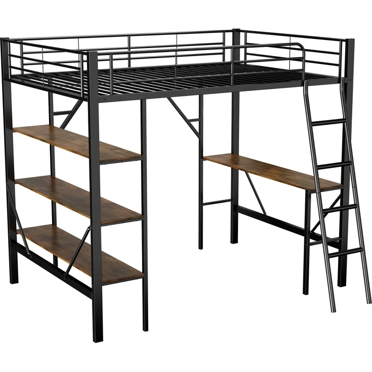 Rayofly-Metall-Hochbett H 200cm x T 90cm x B 200cm, Schreibtisch und drei große Ablagen, für Kinder, Jugendliche und Erwachsene, Schwarz, ohne Matratze – Bild 7