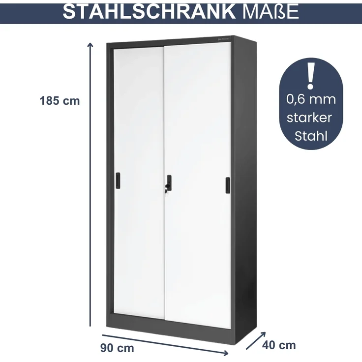 Aktenschrank abschließbar ROLF - Schiebetüren, 5 Ebenen | Büroschrank aus Stahl Metallschrank Werkstatt Mehrzweckschrank Werkzeugschrank, 185x90x40cm Anthrazit-Weiß – Bild 2
