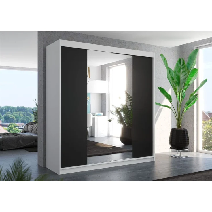 Schiebetürenschrank Schrank Nr. 410 in Weiß- Schwarz matt- Spiegel 200 x 215 x 58 cm – Bild 1