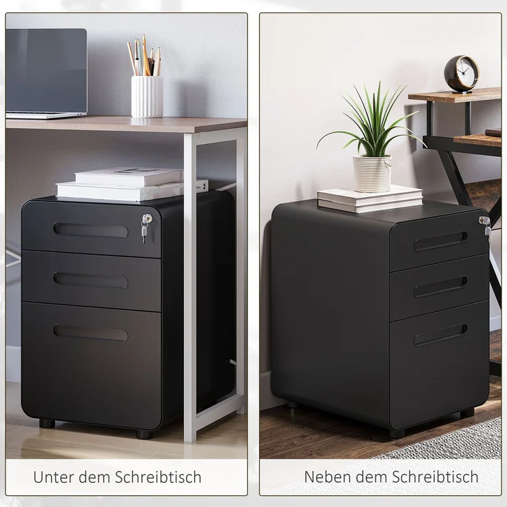 Rollcontainer mit 3 Schubladen mobiler Aktenschrank mit Rollen abschließbar Büroschrank mit Hängeregistratur Stiftfach, Bürocontainer Schreibtisch Unterschrank für Büro 39x48x59cm Schwarz--Schwarz--59x48x39cm--YOUDENOVA – Bild 9