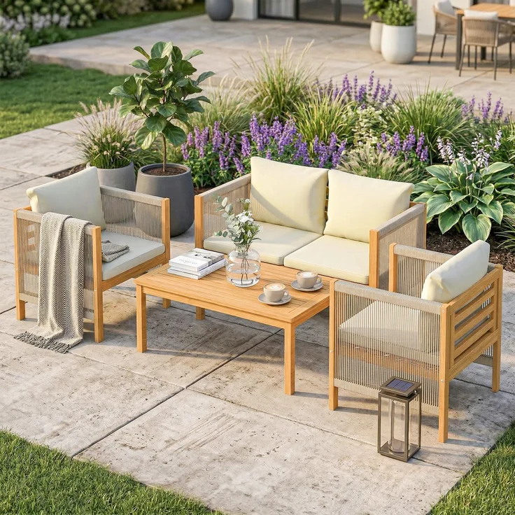 MELAYR, Gartenmöbel Set Holz Sitzgruppe für 4 Personen mit 2er Sofa 2 Sessel Tisch Seilflecht, 120 x 60 x 64 cm, Beige – Bild 4