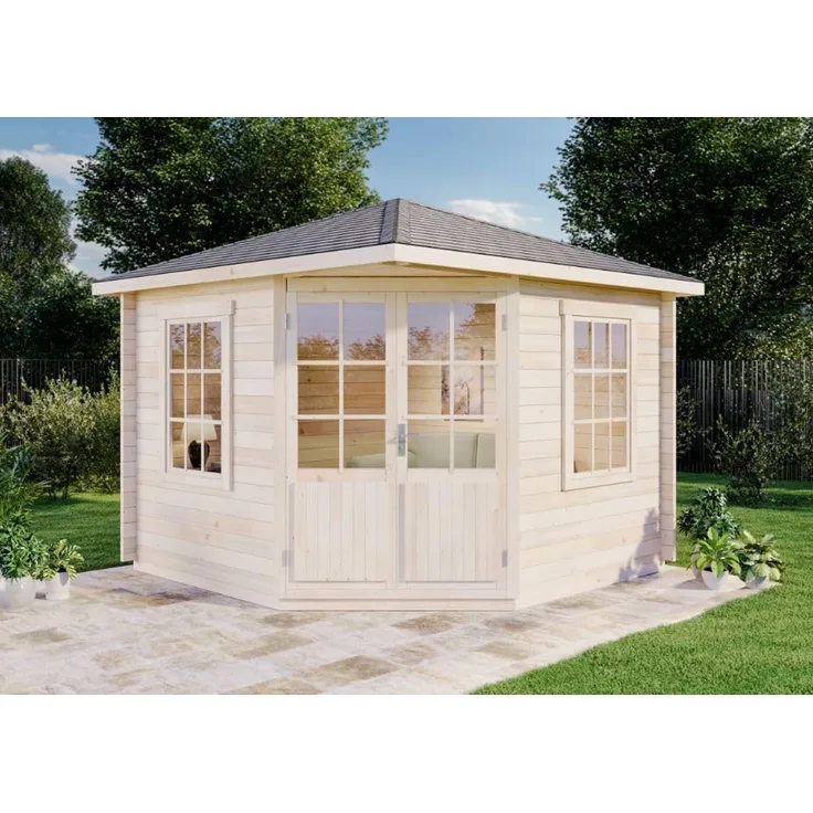 Alpholz 5-Eck Gartenhaus Modell Monica Gartenhaus aus Holz Holzhaus mit 28 mm Wandstärke Blockbohlenhaus mit Montagematerial