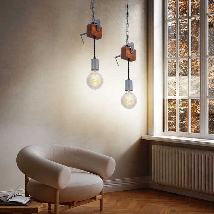 Hängeleuchte, Holz antik Metall verzinkt, Schraubzwinge, H 120cm – Bild 8