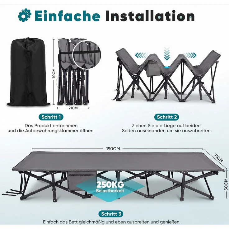 Sekey Campingbett bis 250kg, Feldbett mit abnehmbare Perlschaum-Matratze, Klappbett mit Seitentasche & 14 Stützpunkten 190cm – Bild 8