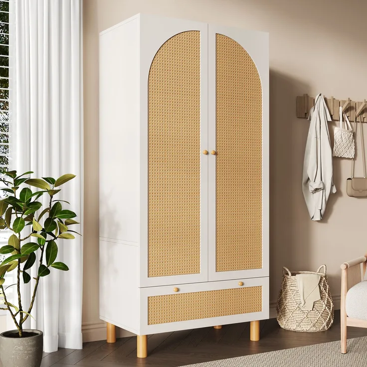 Abrihome Kleiderschrank mit höhenverstellbaren Regalen und Kleiderstange, Weiß, 180x52x85 cm