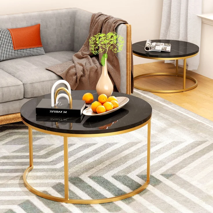 2er-Set runder Couchtisch aus MDF mit Metallrahmen & Nestfunktion, Ø80 cm + Ø60 cm, Schwarz – Bild 3