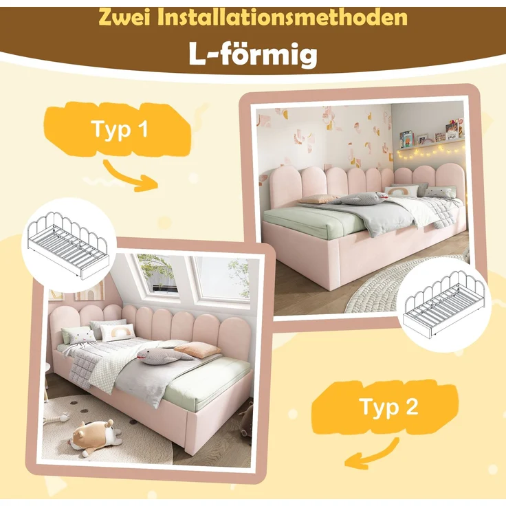 Polsterbett Ausziehbett 90/200 cm mit Gästebett 90/190 cm, Samt in Rosa, ohne Matratze – Bild 8