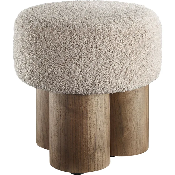 SalesFever Sitzpouf Ø 50 cm – Runder Hocker mit Teddyfell-Sitzfläche & Holzfurnier