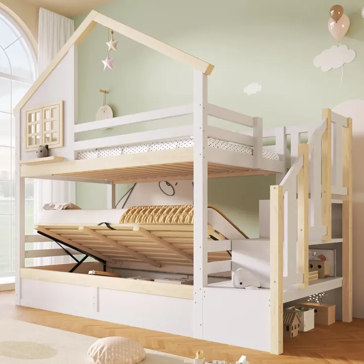 Etagenbett mit 2 Liegeflächen, Rausfallschutz, Stauraum und Lattenrosten, Treppe mit Regal, 90x200 cm/90x200 cm, Kinderbett, Stauraumbett, Kiefer