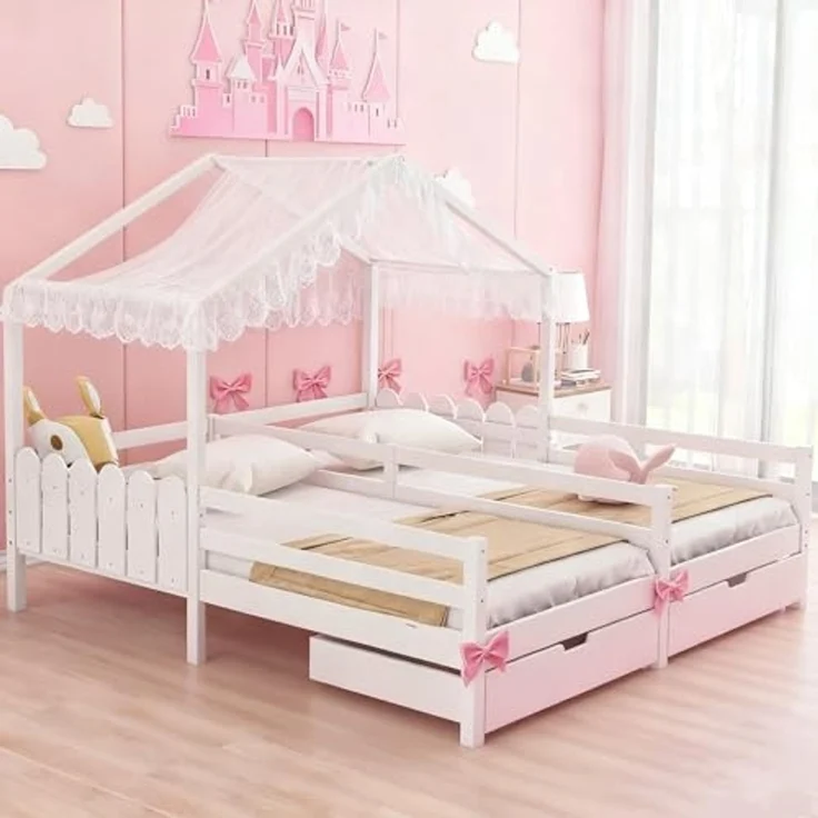 Ball & Cast Bodenbett (90x200 cm) mit 2 Schubladen, Hausbett mit Rausfallschutz und Lattenrost für 2 Kinder, EStabil & Rauschlos, Weiß – Bild 3