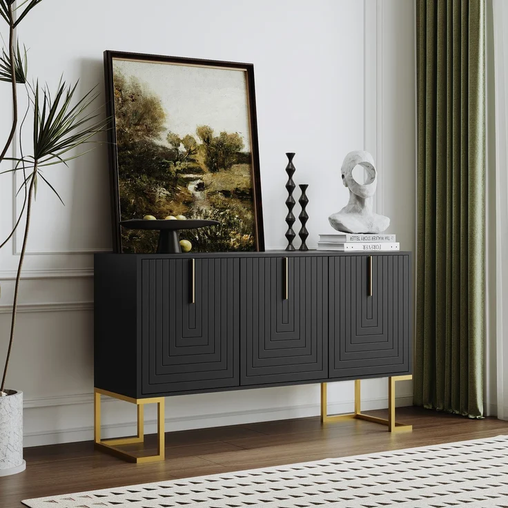Merax Modernes 3-türiges Sideboard mit verstellbaren Regalen, U-förmigen Schranktüren und Metallgriffen und Sockel für Esszimmer und Küche (Schwarz) – Bild 2