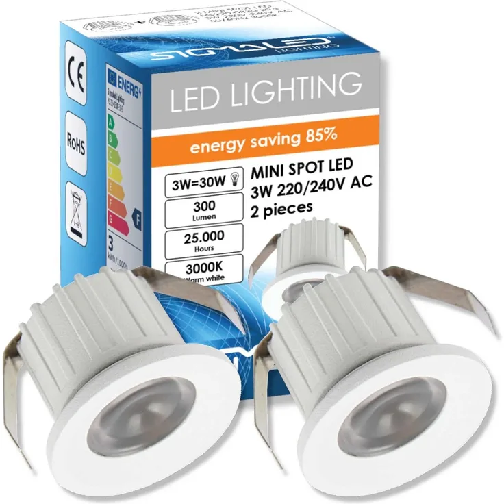 SIGMALED LIGHTING, Mini-LED-Einbaustrahler 3W, dimmbar, Warmweiß 3000K, 300 Lumen, Runde Einbauspot, 220/240V AC, 2er-Pack (1 Box mit 2 Stuck)