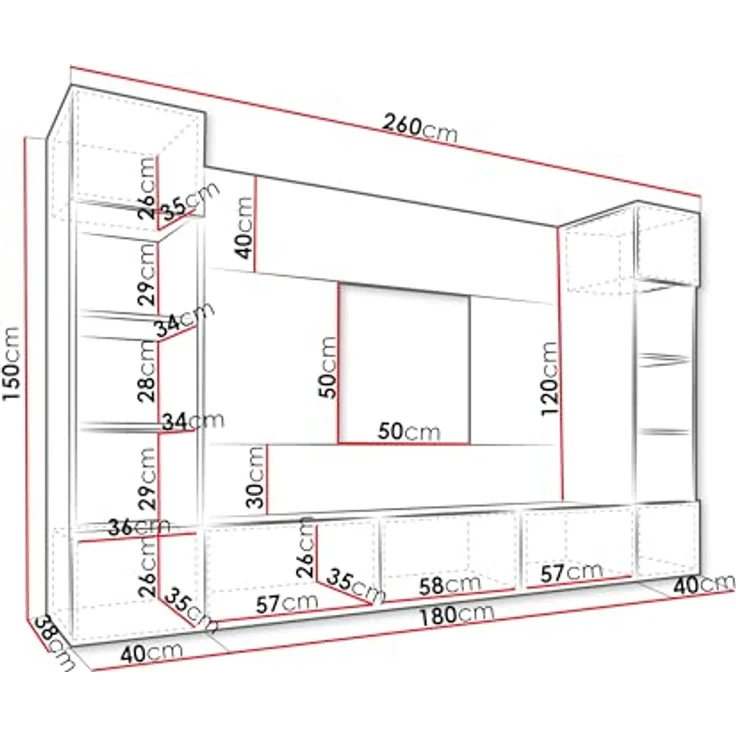 Mirjan24 Wohnwand, Schwarz, Holzwerkstoff in Marmor Optik, 260x150x38 cm, mit grifflosen System und Gasdruckfeder – Bild 3