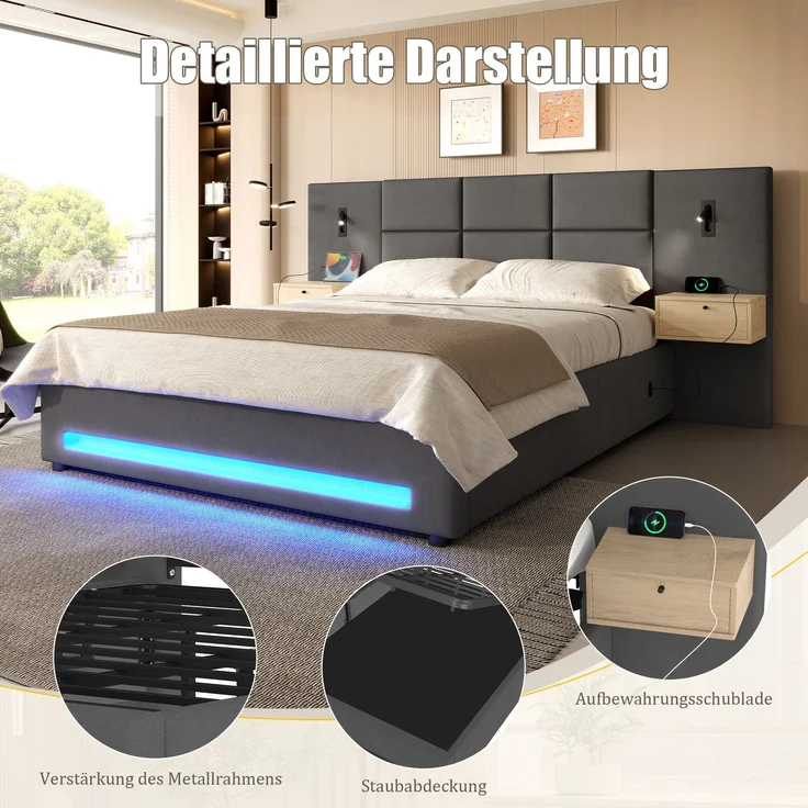 TavilaEcon Boxspringbett mit Samtkopfteil, praktischen Stauschubladen und LED-Nachtlicht grau Liegefläche 180 × 200 cm – Bild 7