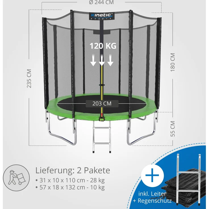 KINETIC SPORTS Trampolin Outdoor 'Salto Plus' - Komplett-Set für Kinder, USA Sprungtuch, Netz, Randpolster, Leiter, Grün-2, Ø 244 cm – Bild 7