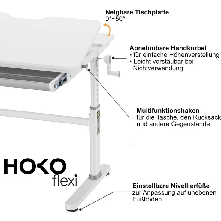 HOKO Kinderschreibtisch höhenverstellbar 54-76 cm, ergonomischer Schreibtisch (für Kinder & Jugendliche, 120x60 cm, neigbare Tischplatte mit Schubladen, stabil & belastbar bis 100 kg, Weiß, Holzfarben) – Bild 6