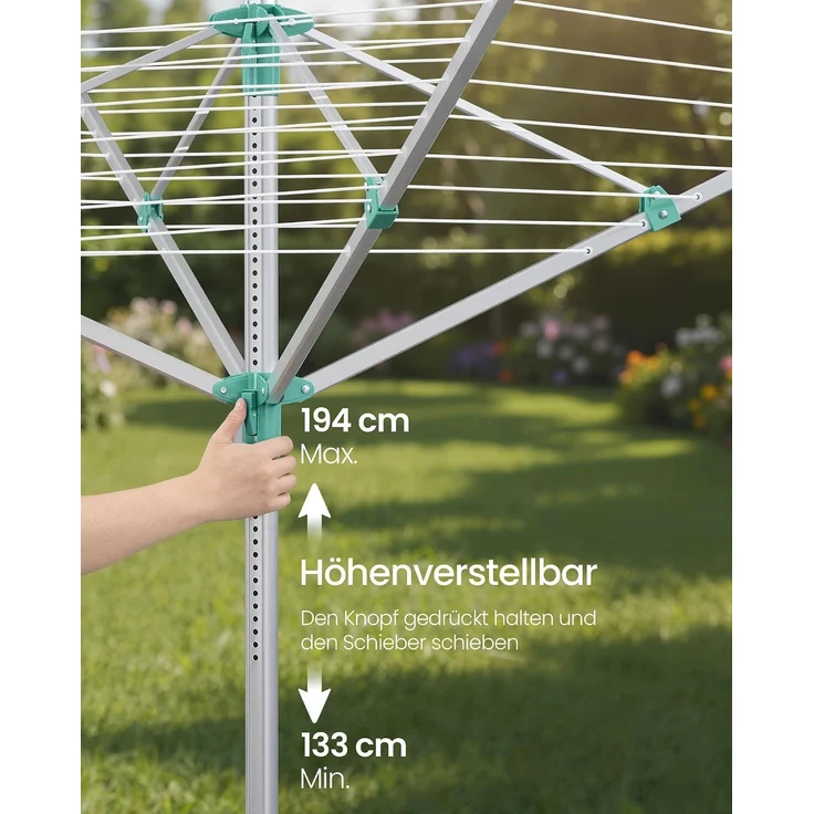 SONGMICS Wäschespinne, höhenverstellbarer, 60 m Wäscheleine, für 6 Waschladungen, draußen, silbern-grün – Bild 3