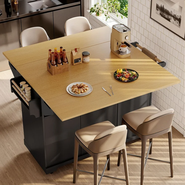 Kücheninsel, Schrank, Buffetschrank 120 x 40 (80) x 95 cm, ausziehbarer Küchenwagen mit Rollen, beidseitig ausziehbar, mit Handtuchhalter und Gewürzregal, zwei Türen, drei Schubladen, schwarz/weiß – Bild 2