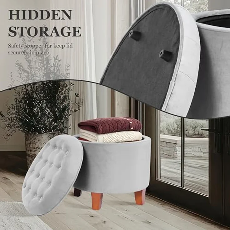 HomePop Samt Stauraum Ottomane mit Deckel|Fußbank Aufbewahrungsbox| Ottomane mit Stauraum für Wohnzimmer und Schlafzimmer | Dekorative Heimmöbel, Grau – Bild 6