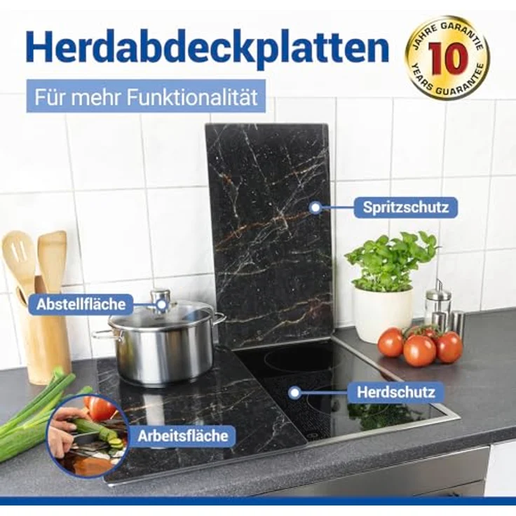 Allstar Glasabdeckplatten Marmor, 2er Set, rutschfeste Herdabdeckung für Glaskeramikkochfelder in Marmor-Optik, praktische Arbeitsflächenerweiterung in der Küche, Gehärtetes Glas, 30 x 52cm, Schwarz – Bild 4