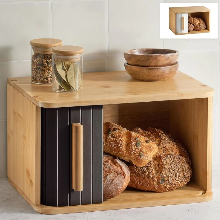 Praknu Brotkasten Brotkasten klein aus FSC® Holz mit Schiebetür - Brotaufbewahrung, Bambus, FSC® Holz - Platzsparend und stilvolle Brotbox für längere Frische – Bild 1