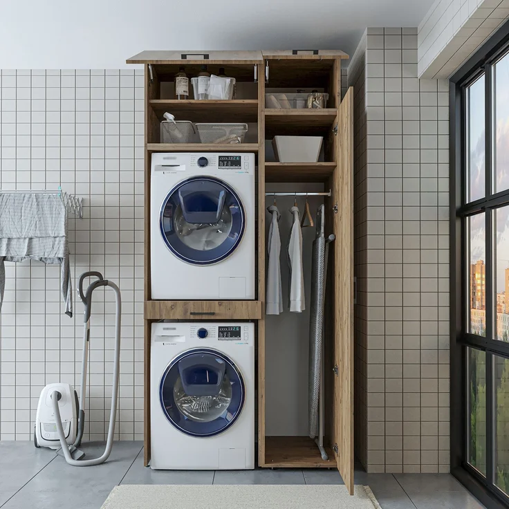 Roomart Waschmaschinenschrank - SERIE DUO-I- 112 cm breit – Waschmaschinenüberbau für Trockner, Waschturm-Schrank • Eiche – Bild 6