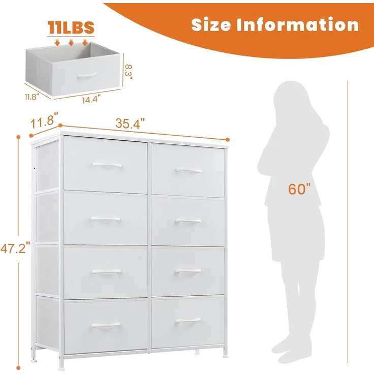 Sweetcrispy Kommode für Schlafzimmer, breite Schublade Kommode, 8 Stoffschubladen mit Griffen, Schubladen aus Stoff, Schrank, TV Stand für Schlafzimmer, Schrank, Wohnzimmer, Kinderzimmer – Bild 3