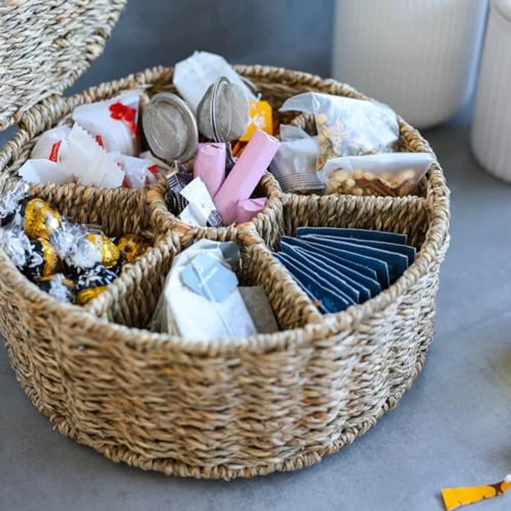 HMF Teebox Teebox für Teebeutel geflochten aus Seegras, Seegras, Tee Aufbewahrungsbox mit 7 großen Fächern, 27 x 27 x 11 cm – Bild 9