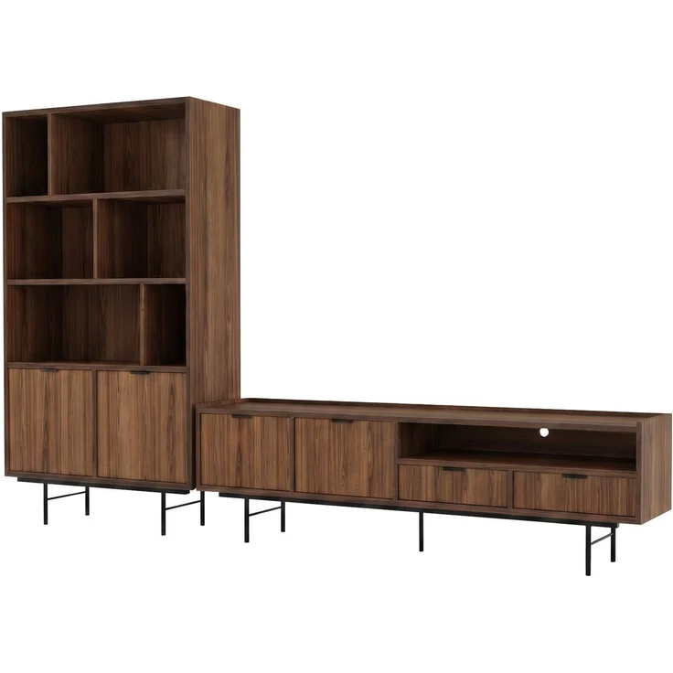 Beautysofa Wohnzimmer-Set Evron 2-teilig Bücherregal 90 cm + TV-Board 200 cm, (Lowboard mit Metallbeinen 20 cm, Schubladen, Türen und offenen Fächern), modernes Wohnzimmermöbel-Set in Warmia Walnuss oder Hikory Natur – Bild 2